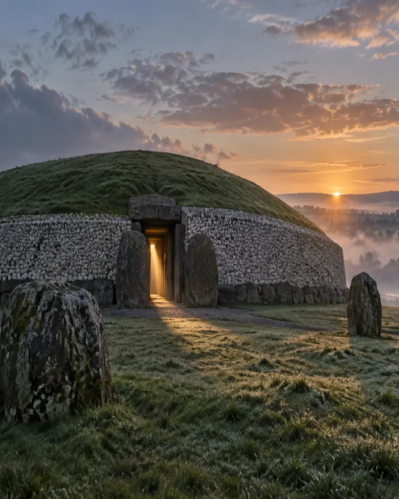 Interpretive illustration of Newgrange passage tomb at winter-solstice sunrise