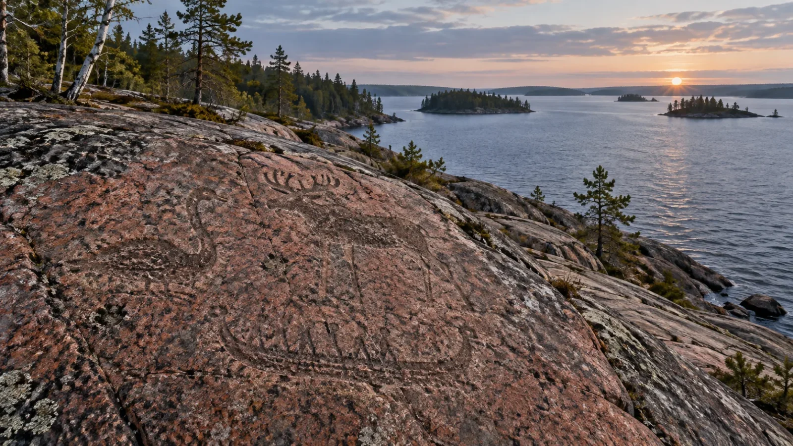 Interpretive illustration of Neolithic petroglyphs on a granite shore beside Lake Onega.