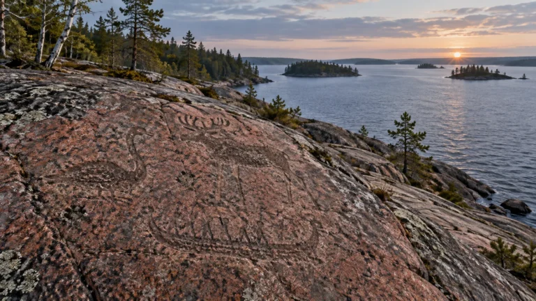 Interpretive illustration of Neolithic petroglyphs on a granite shore beside Lake Onega.