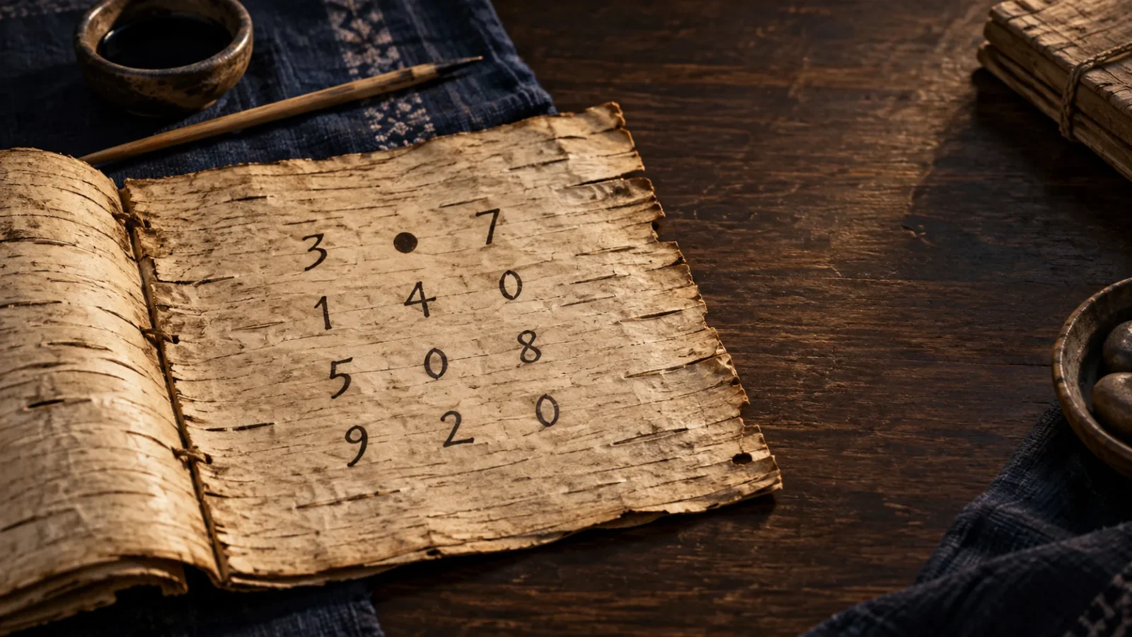 Editorial illustration of a birch-bark mathematical manuscript with a dark dot marking an empty place in a number