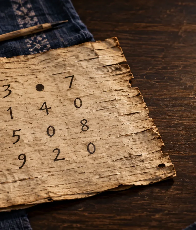 Editorial illustration of a birch-bark mathematical manuscript with a dark dot marking an empty place in a number