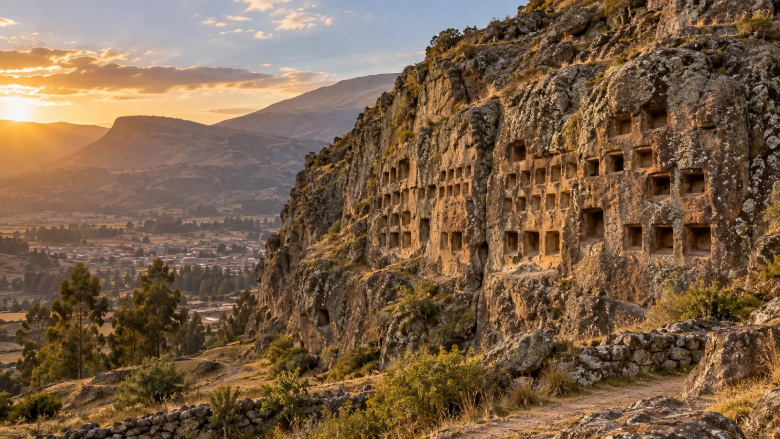 Interpretive view of Ventanillas de Otuzco carved niches in a volcanic cliff in the Andes.