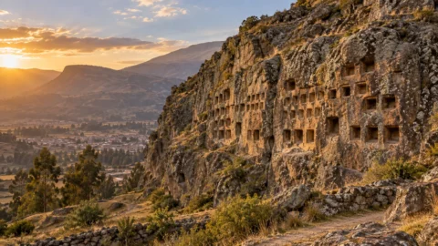 Interpretive view of Ventanillas de Otuzco carved niches in a volcanic cliff in the Andes.