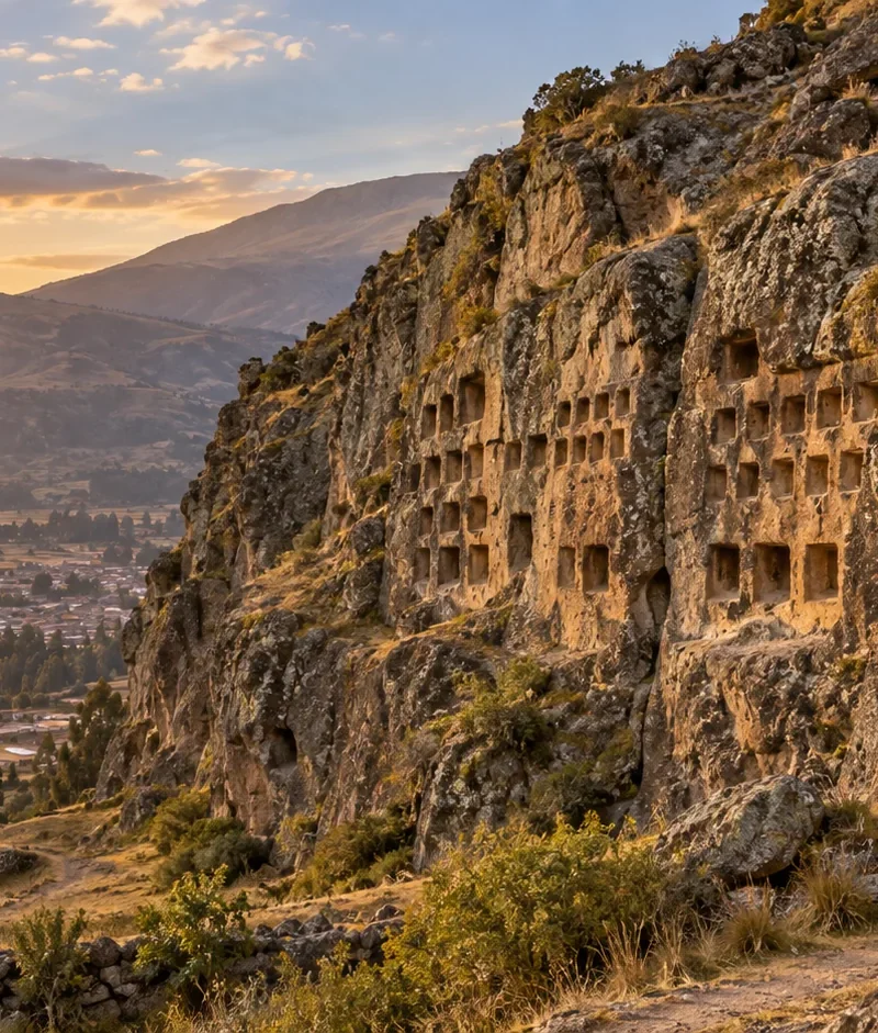 Interpretive view of Ventanillas de Otuzco carved niches in a volcanic cliff in the Andes.