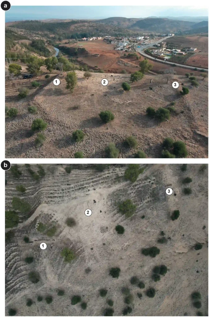 Aerial views of the Oued Beht ridge and the defensive earthwork in Morocco