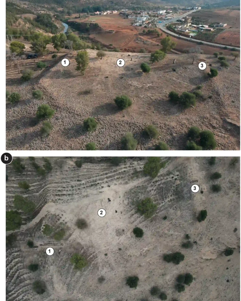 Aerial views of the Oued Beht ridge and the defensive earthwork in Morocco