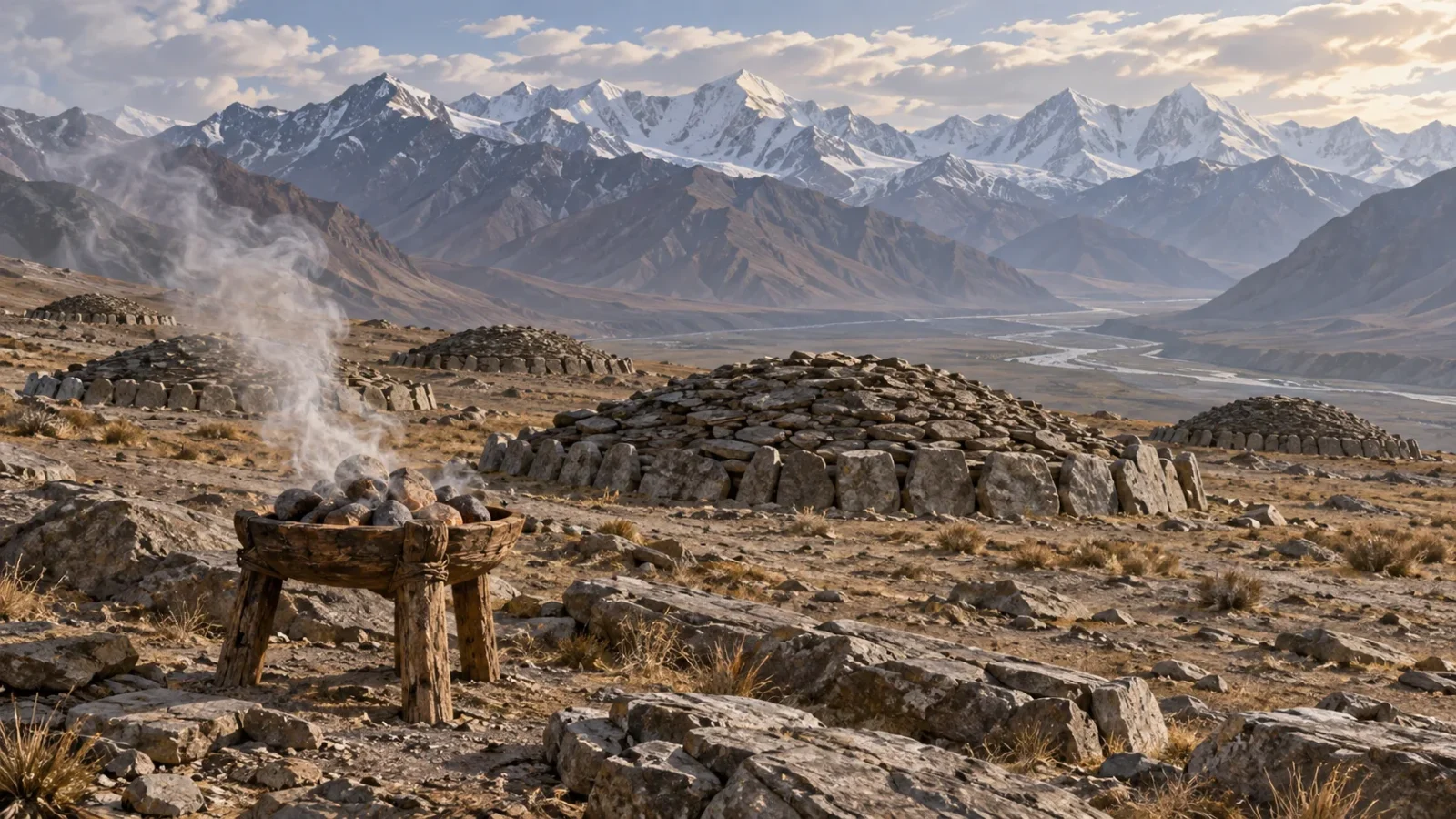 Interpretive reconstruction of a Jirzankal Cemetery funeral brazier with heated stones and smoke in the Pamir Mountains