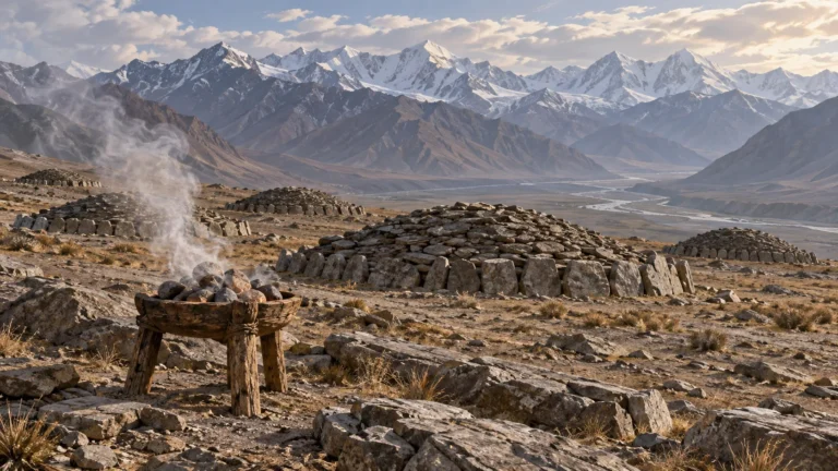 Interpretive reconstruction of a Jirzankal Cemetery funeral brazier with heated stones and smoke in the Pamir Mountains