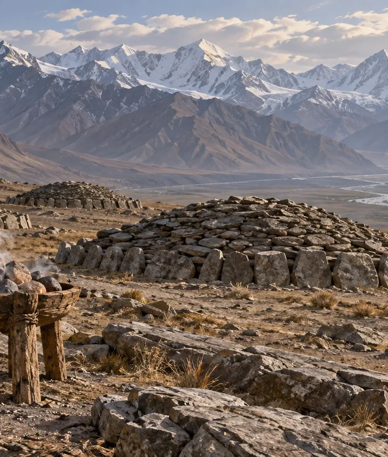 Interpretive reconstruction of a Jirzankal Cemetery funeral brazier with heated stones and smoke in the Pamir Mountains