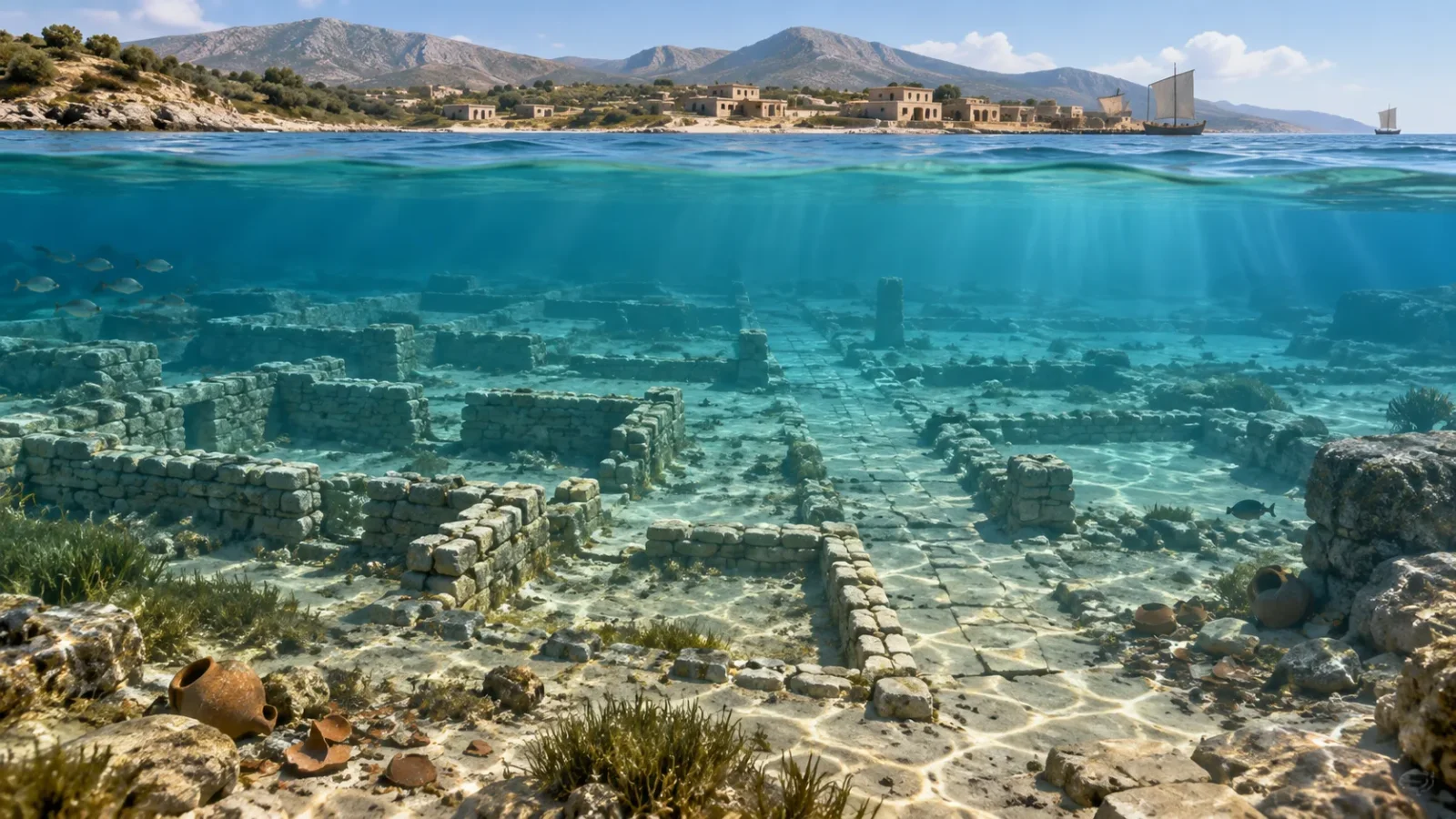 Interpretive illustration of Pavlopetri's submerged Bronze Age stone streets and buildings beneath the shallow waters of southern Greece