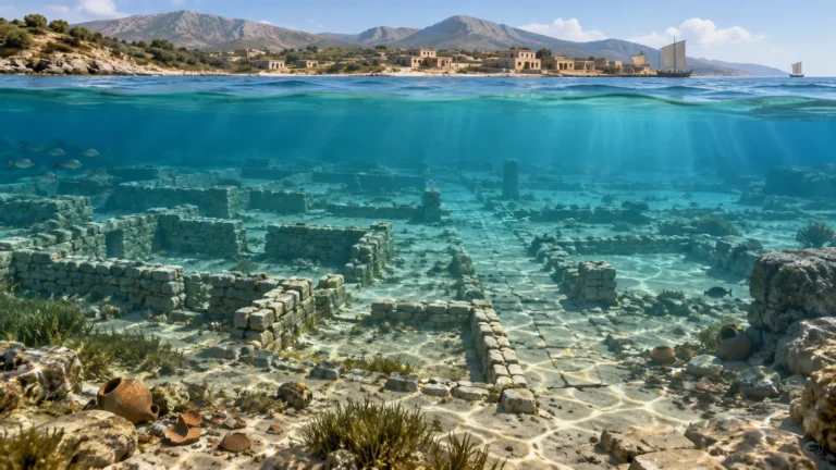 Interpretive illustration of Pavlopetri's submerged Bronze Age stone streets and buildings beneath the shallow waters of southern Greece