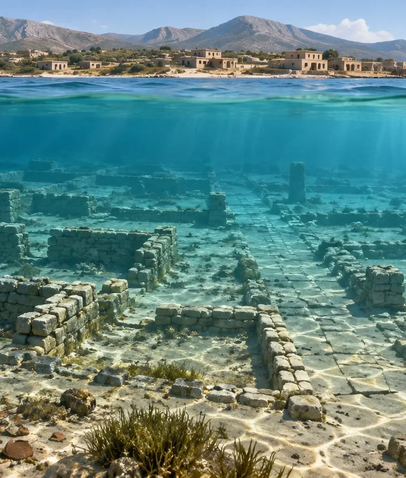 Interpretive illustration of Pavlopetri's submerged Bronze Age stone streets and buildings beneath the shallow waters of southern Greece