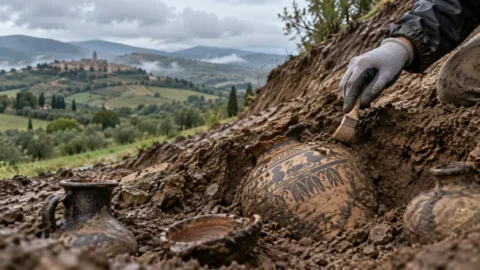 Picene ceramic vessels exposed by rain on a hillside near Sant’Elpidio a Mare, Italy