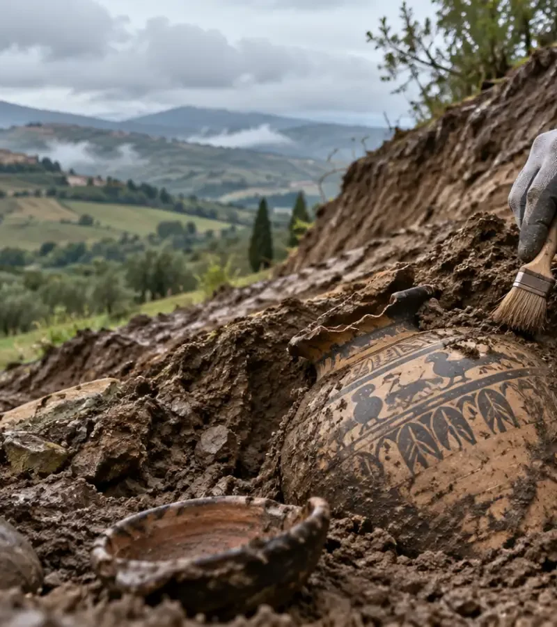 Picene ceramic vessels exposed by rain on a hillside near Sant’Elpidio a Mare, Italy