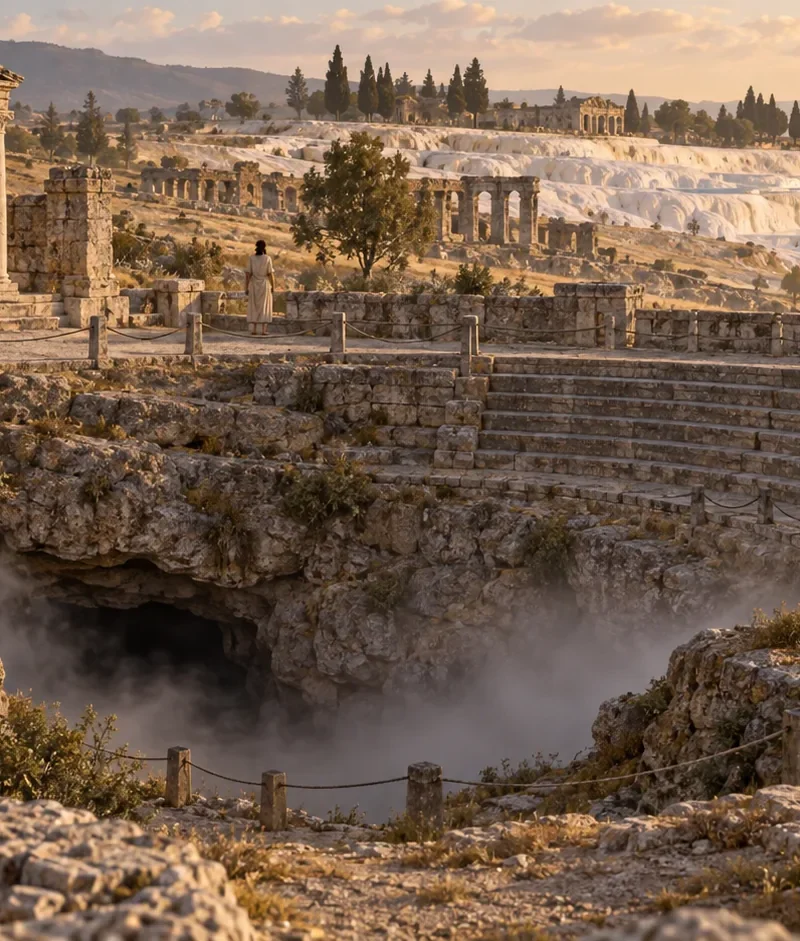 Interpretive view of the Ploutonion at Hierapolis, with an ancient sanctuary above a gas-bearing fissure.