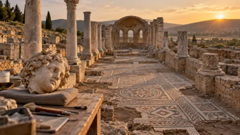Geometric mosaic floor and marble Eros head from a Roman basilica at Pompeiopolis