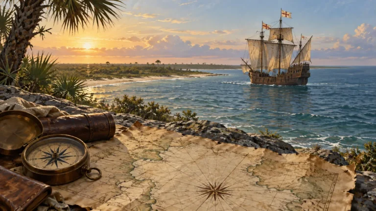 Sixteenth-century sailing ship near a tropical coast beside an old navigation chart
