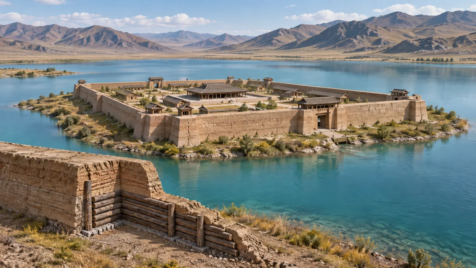 Interpretive illustration of Por-Bazhyn fortress on an island in Siberia.