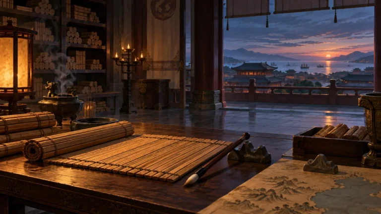 Qin-era writing slips on a wooden desk beside a coastal landscape