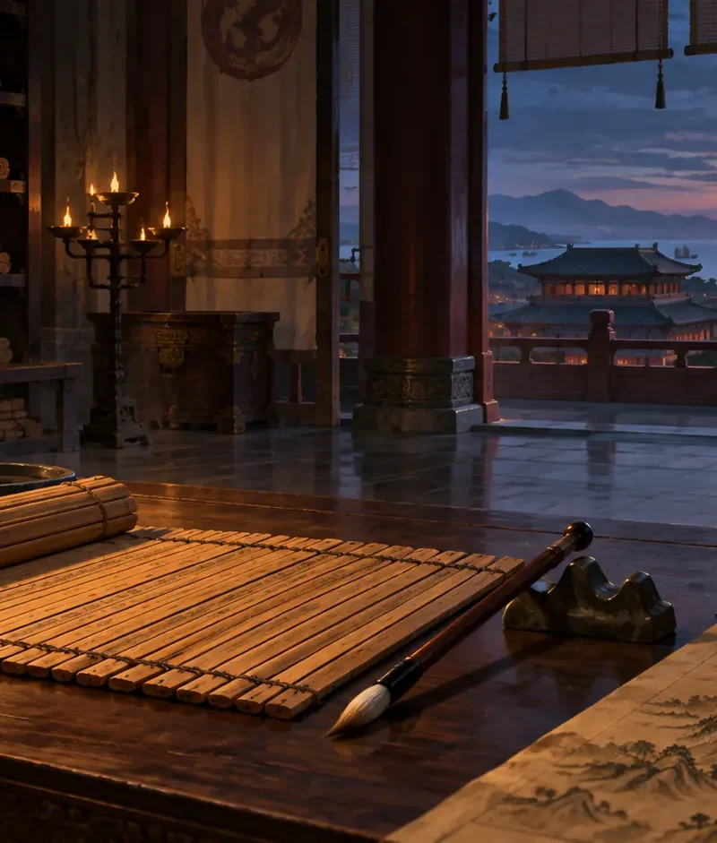 Qin-era writing slips on a wooden desk beside a coastal landscape