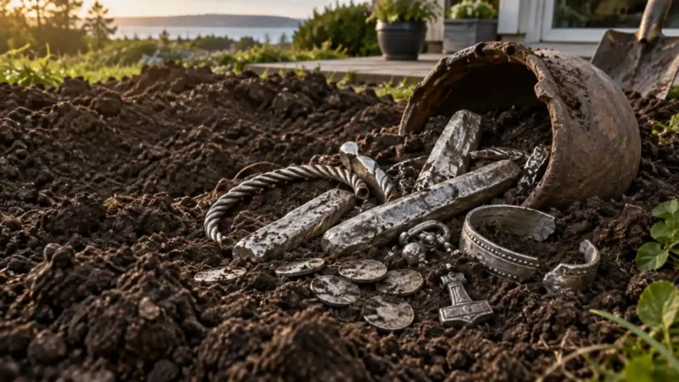 Viking-Age silver bars, jewellery and coins spilling from a clay vessel in freshly dug garden soil.