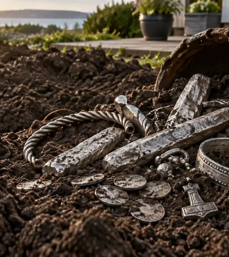 Viking-Age silver bars, jewellery and coins spilling from a clay vessel in freshly dug garden soil.