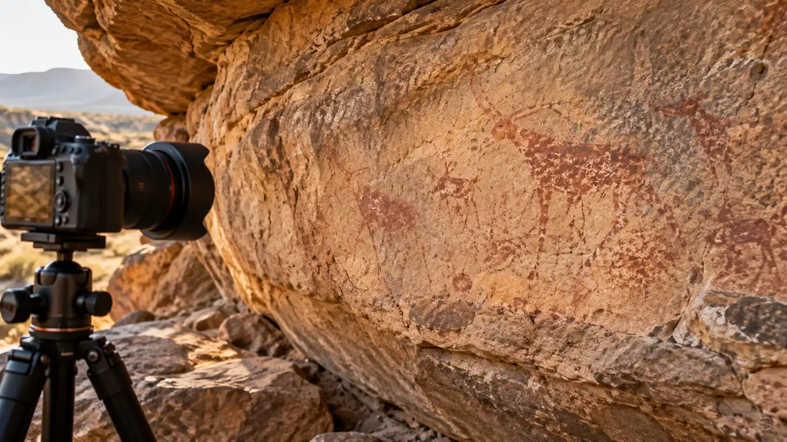 Conceptual illustration of a camera documenting faded red markings on a fictional rock surface