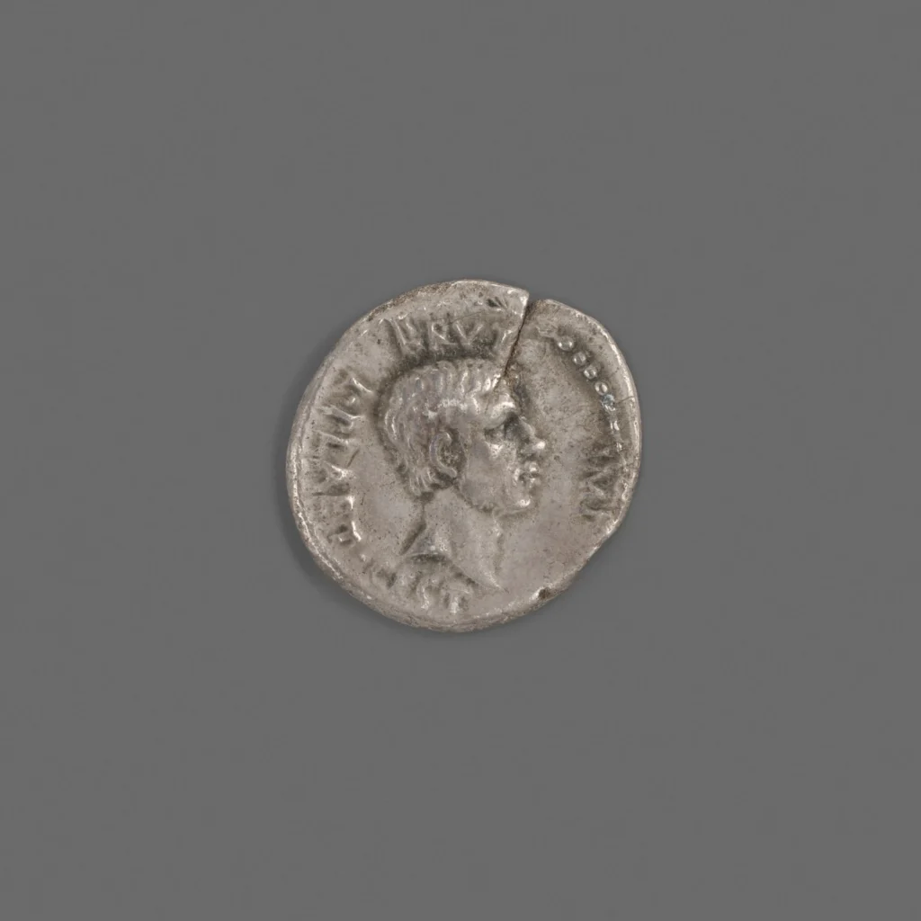 Silver Roman denarius bearing a portrait of Marcus Junius Brutus.