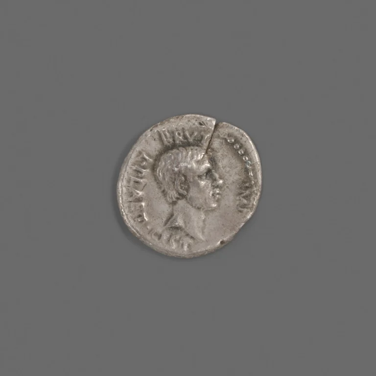 Silver Roman denarius bearing a portrait of Marcus Junius Brutus.