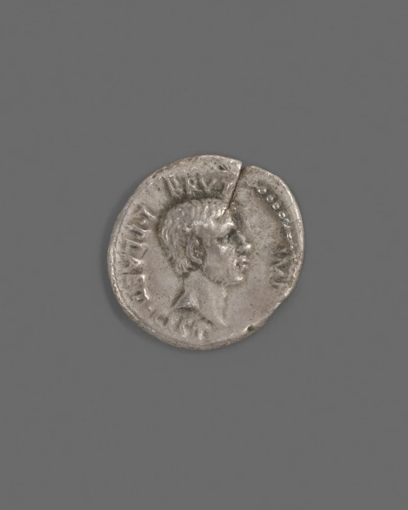 Silver Roman denarius bearing a portrait of Marcus Junius Brutus.