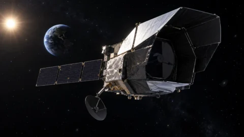 NASA Nancy Grace Roman Space Telescope deploying its antenna and sunshade in deep space