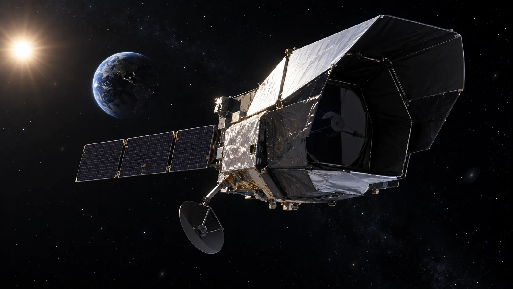 NASA Nancy Grace Roman Space Telescope deploying its antenna and sunshade in deep space