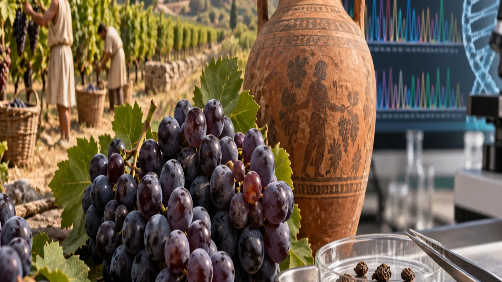 Interpretive illustration of ancient grape seeds, Roman wine and DNA research