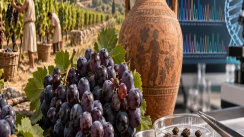 Interpretive illustration of ancient grape seeds, Roman wine and DNA research
