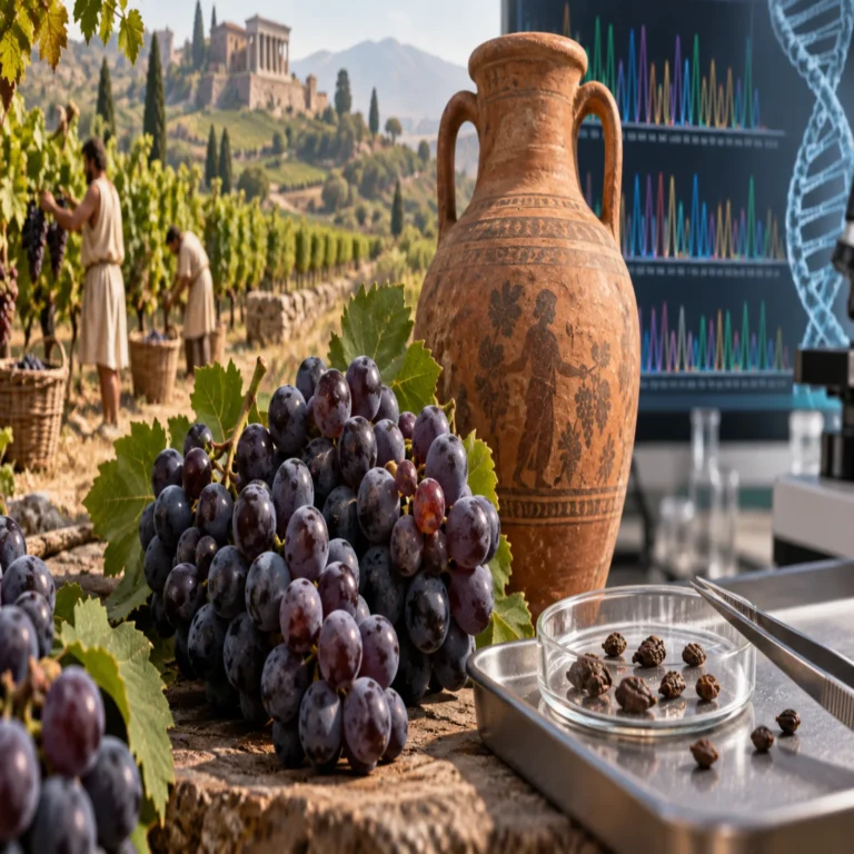 Interpretive illustration of ancient grape seeds, Roman wine and DNA research