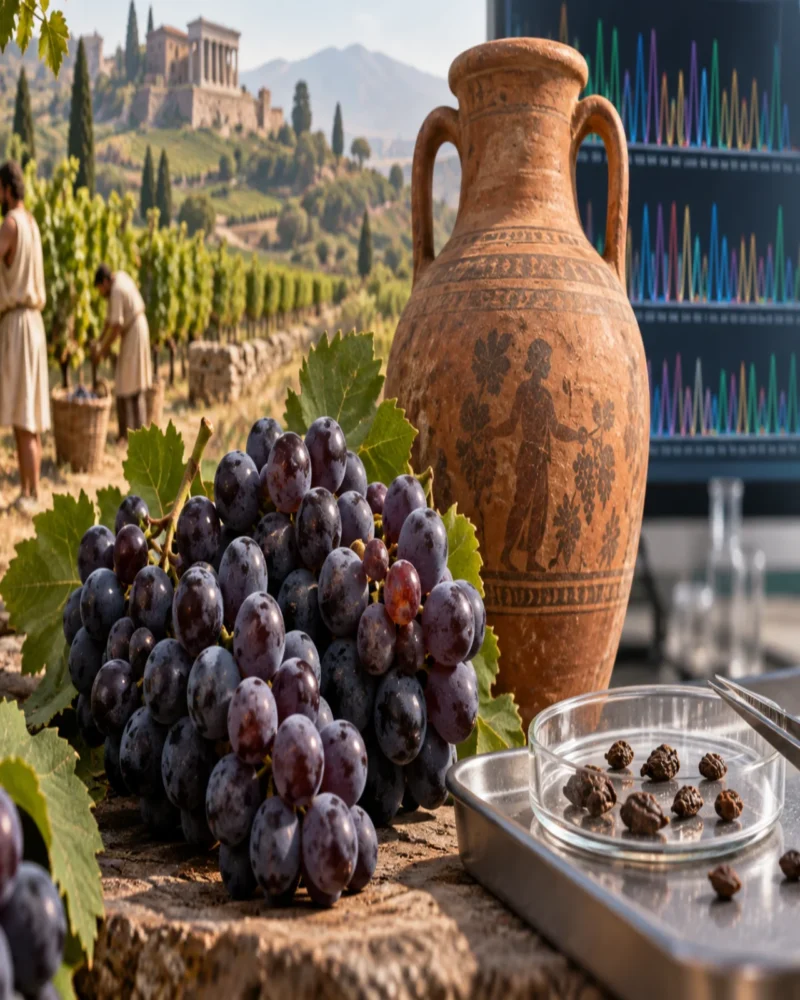 Interpretive illustration of ancient grape seeds, Roman wine and DNA research