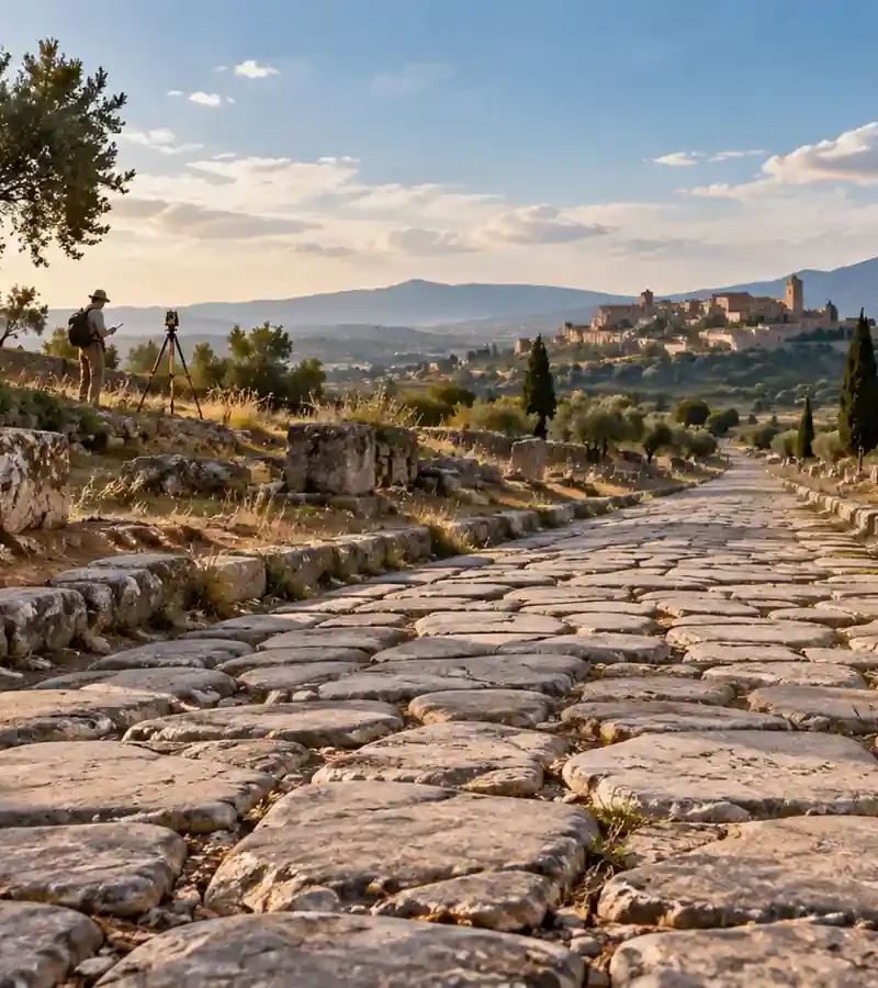 Roman road crossing a Mediterranean landscape with an archaeological surveyor