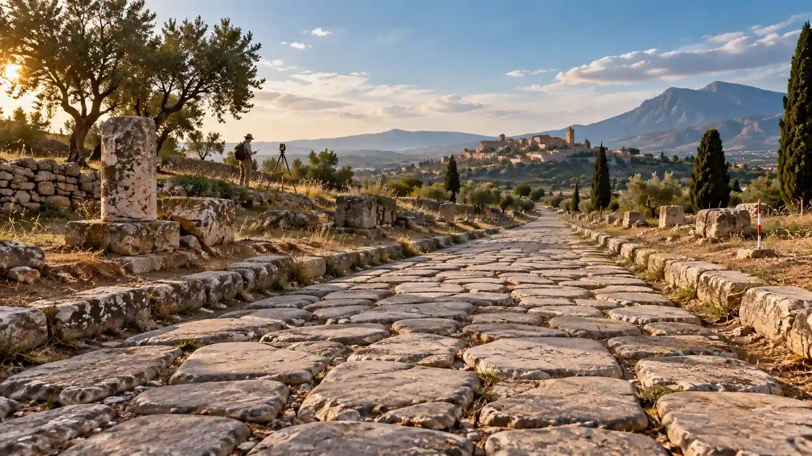 Roman road crossing a Mediterranean landscape with an archaeological surveyor