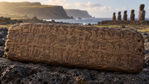 Interpretive illustration of a Rongorongo wooden tablet with carved glyphs on Rapa Nui