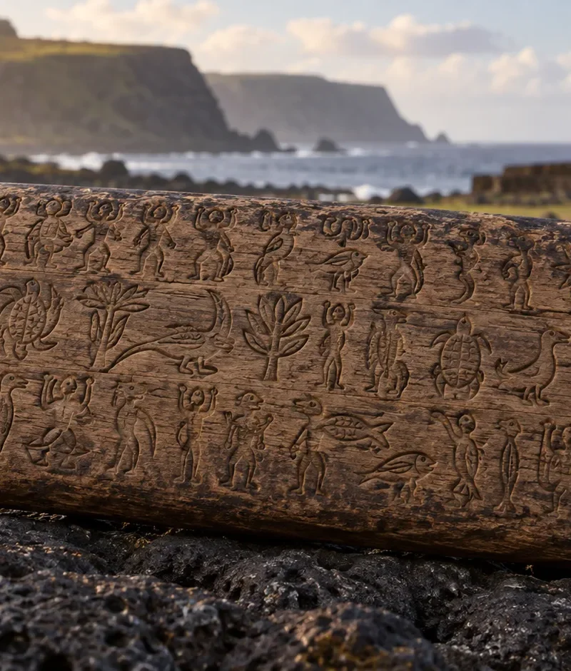 Interpretive illustration of a Rongorongo wooden tablet with carved glyphs on Rapa Nui