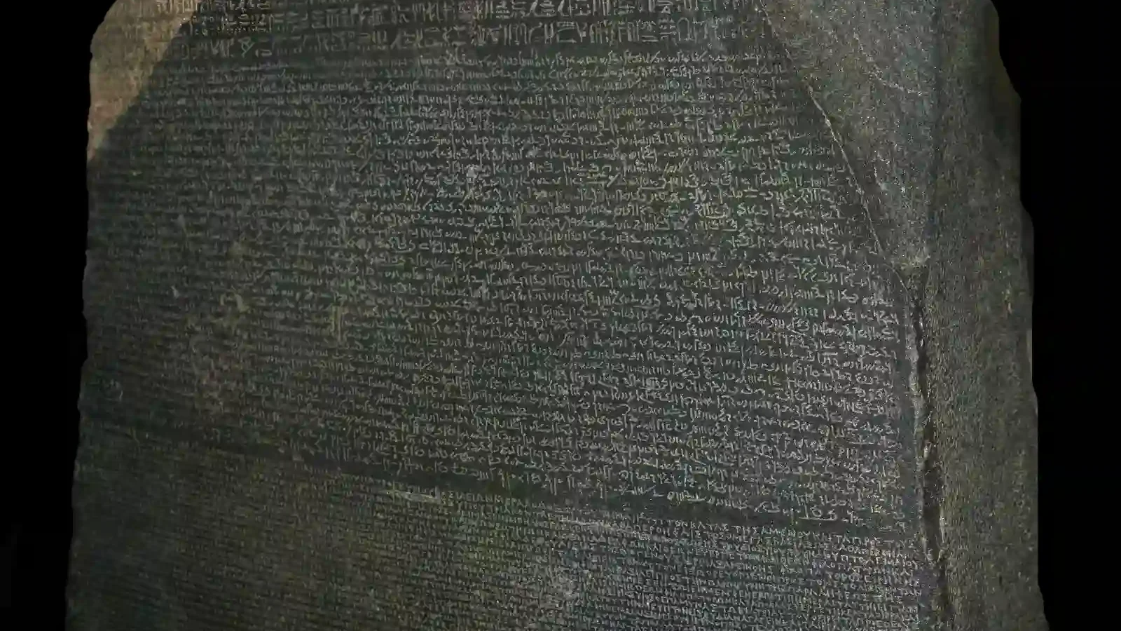 The Rosetta Stone with its three surviving blocks of writing at the British Museum.