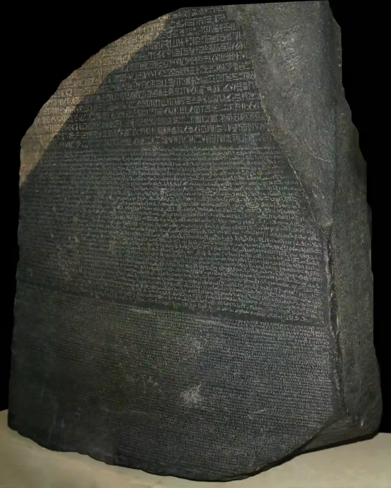 The Rosetta Stone with its three surviving blocks of writing at the British Museum.