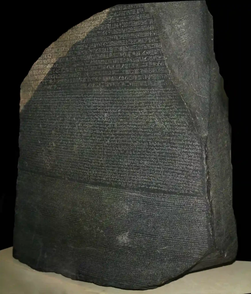 The Rosetta Stone with its three surviving blocks of writing at the British Museum.