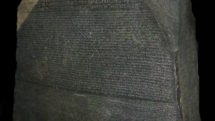 The Rosetta Stone with its three surviving blocks of writing at the British Museum.