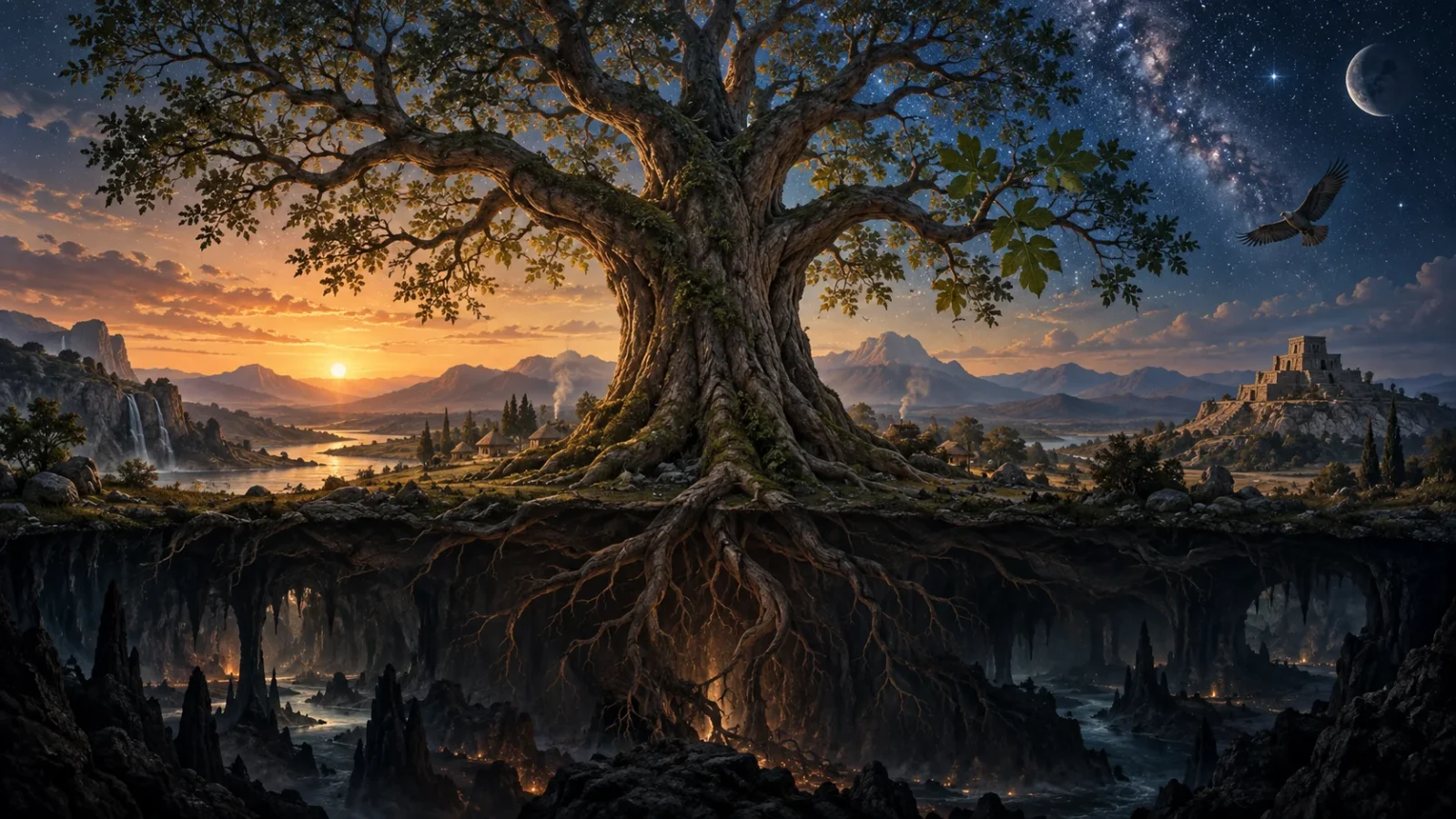Interpretive illustration of a sacred world tree linking roots, a human landscape and a star-filled sky.
