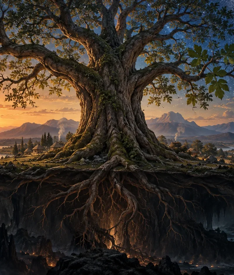 Interpretive illustration of a sacred world tree linking roots, a human landscape and a star-filled sky.