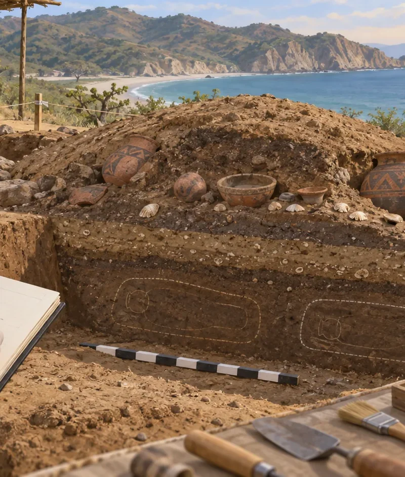 Respectful interpretive illustration of an archaeological excavation at Salango on Ecuador’s Pacific coast.