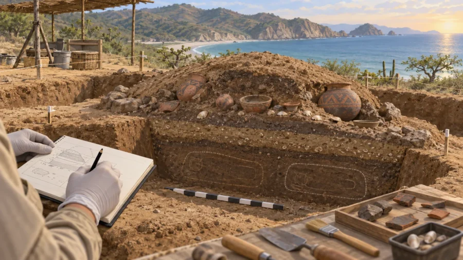 Respectful interpretive illustration of an archaeological excavation at Salango on Ecuador’s Pacific coast.