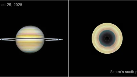 Hubble views of Saturn and its south pole showing a ten-sided atmospheric wave