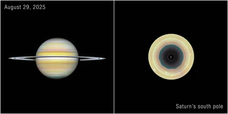 Hubble views of Saturn and its south pole showing a ten-sided atmospheric wave